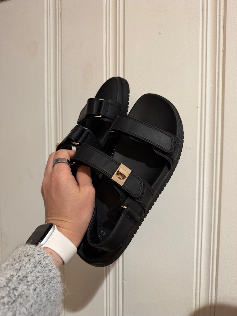 Black Velcro Strap Sandals with Gold Accent